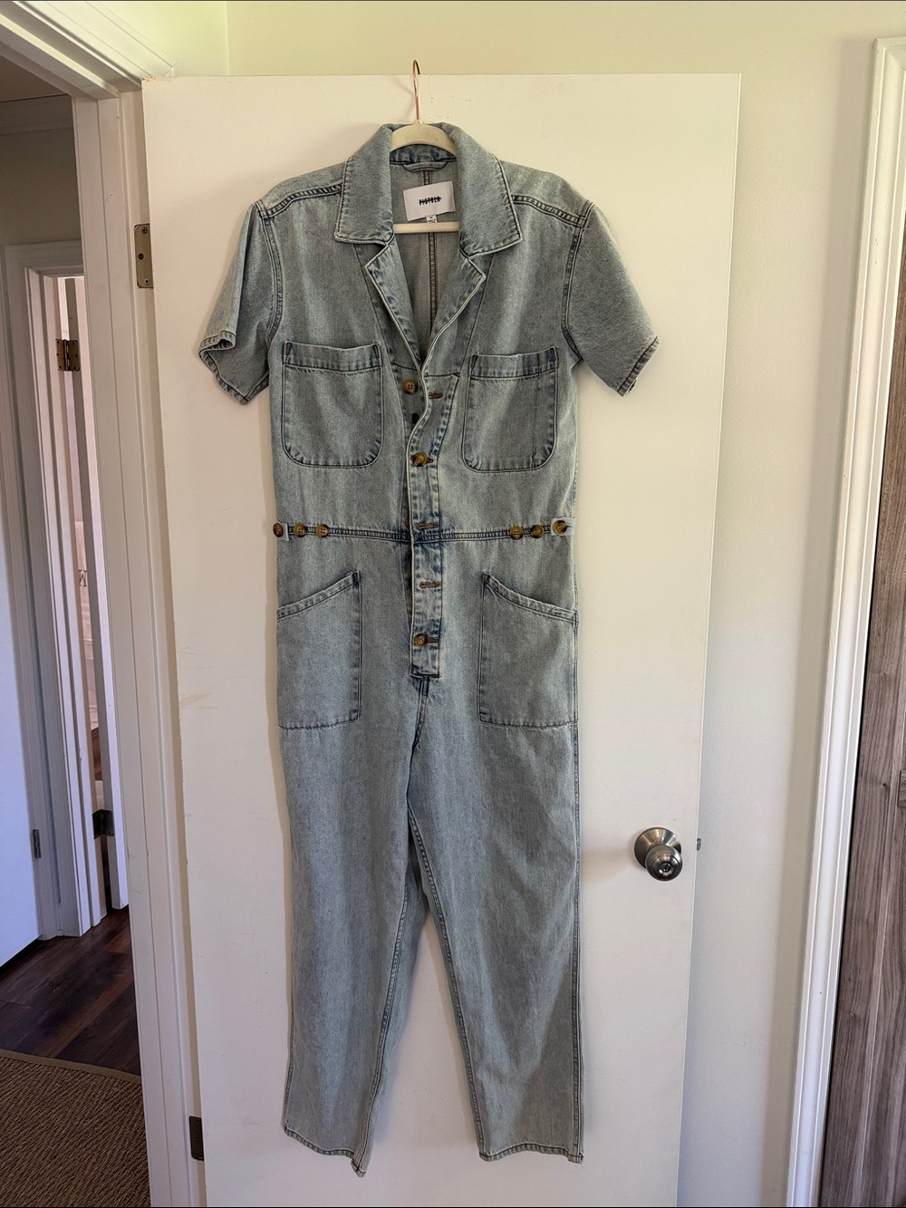 pistola Light Blue Short-Sleeve Denim Jumpsuit